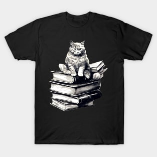 Bookish cat sleeping on books - Kitten lady & librarian gift T-Shirt